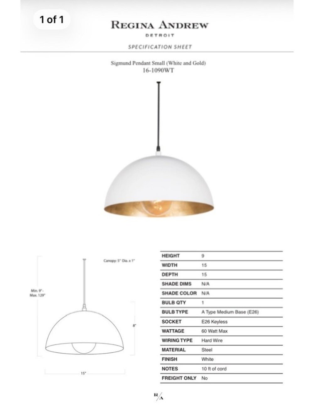 Regina Andrew Sigmund Small Dome Pendant Light (15” W)-White & Gold - Picture 9 of 11